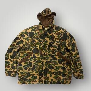 Vintage 70s American Field Duck Camo Hunting Jacket Split Zip Hood Made USA Med